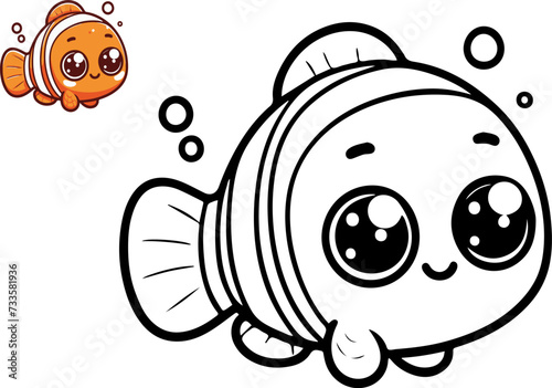 Coloring book cute clown fish, vector illustration.
