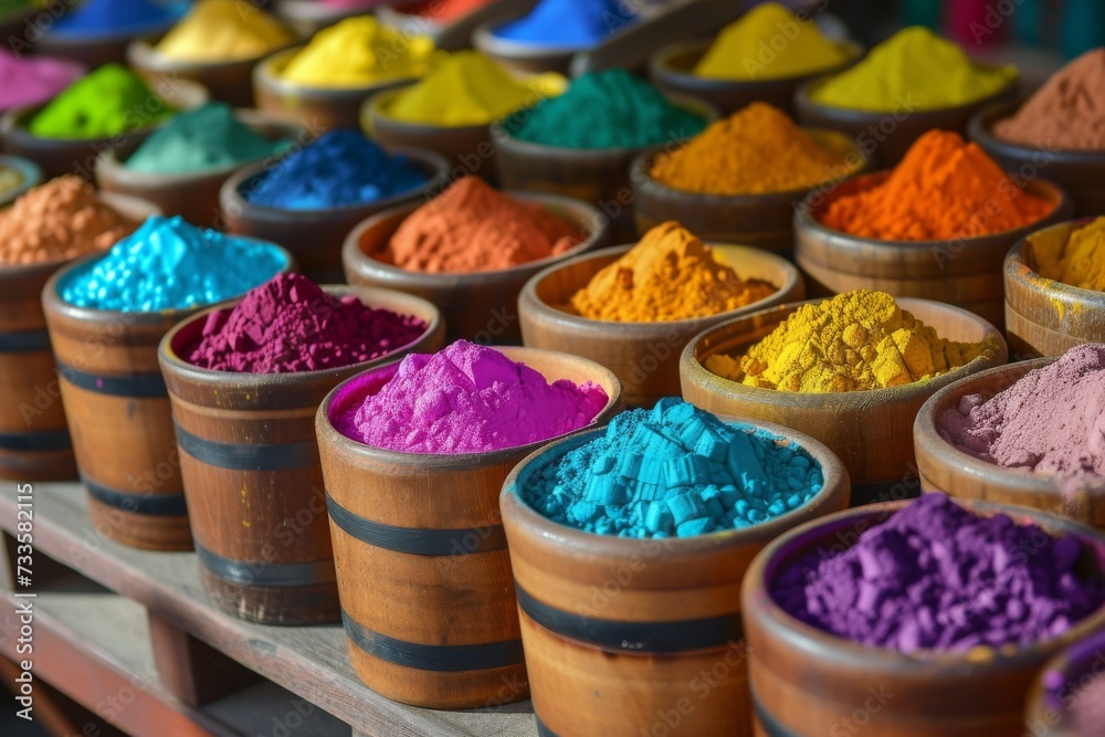 Fototapeta premium Festival of Colors: Assorted Colorful Gulal Powders in Various Containers for Celebrating Holi. Generative AI. 