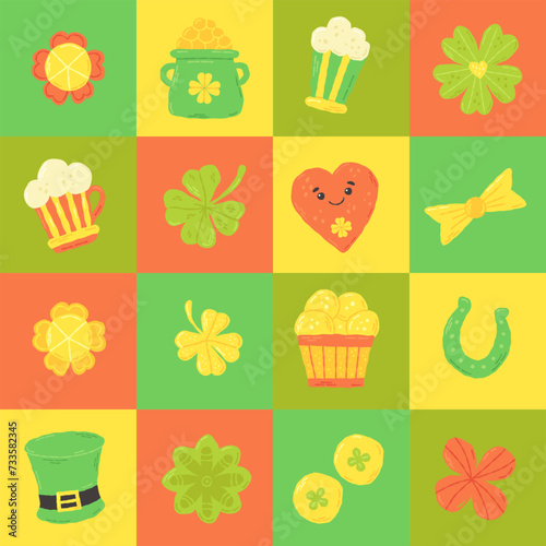 Festive pattern for St. Patrick's Day with clover, beer and coin. Hand drawn flat cartoon elements. Vector illustration