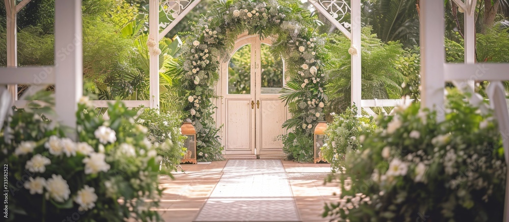 An outdoor wedding ceremony is being held beneath a gazebo adorned with beautiful flowers, surrounded by lush greenery and a picturesque landscape. An outdoor wedding ceremony is being held beneath a gazebo adorned with beautiful flowers, surrounded by lush greenery and a picturesque landscape.