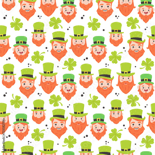 Festive pattern for St. Patrick's Day with cute elf and clover. Hand drawn flat cartoon elements. Vector illustration