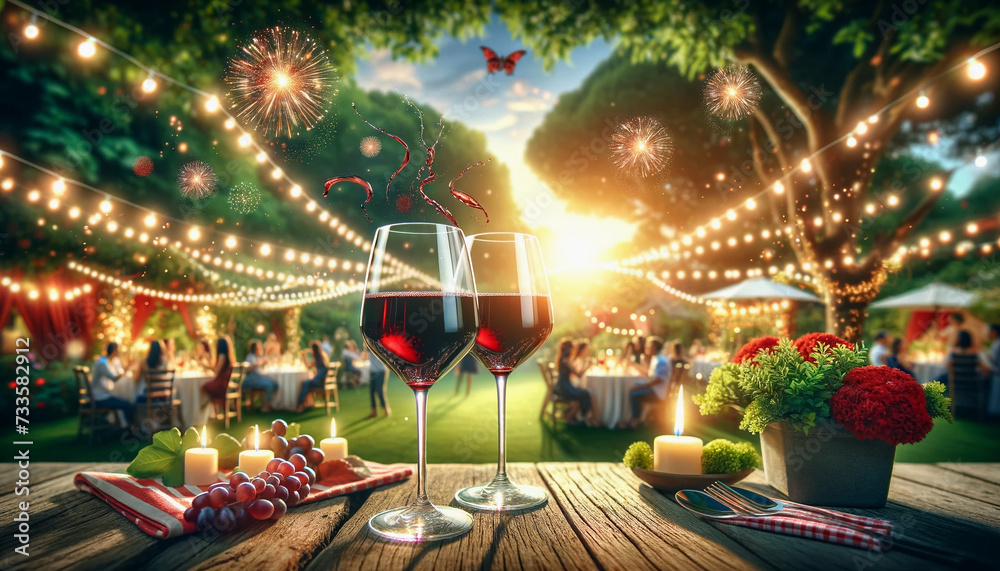 A festive scene set in a garden or scenic outdoor location, featuring two glasses of red wine amidst nature and party decorations, embodying the spirit of outdoor celebrations
