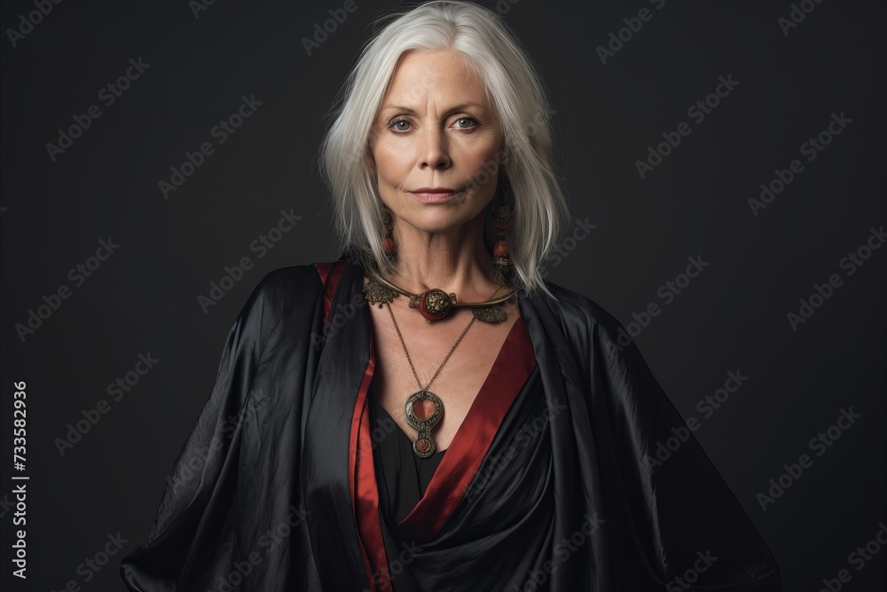 Portrait of a beautiful senior woman with grey hair wearing a black cape