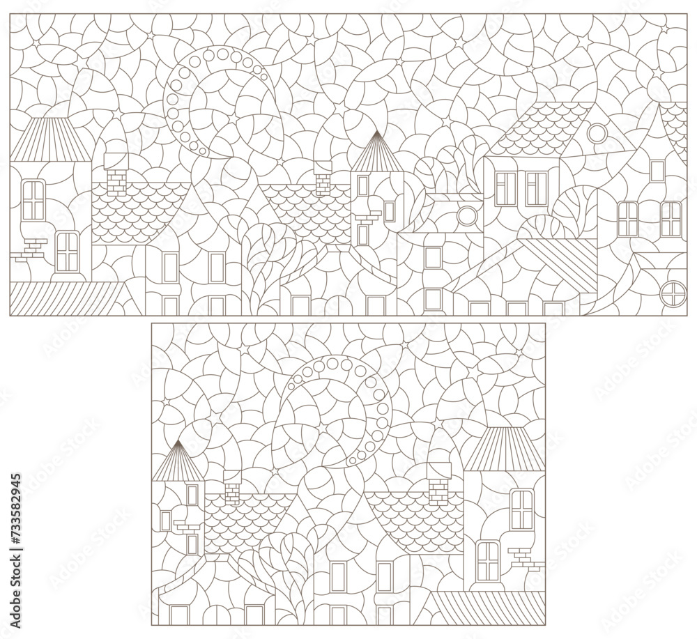 A set of contour illustrations in the style of stained glass with urban landscapes, dark contours on a white background