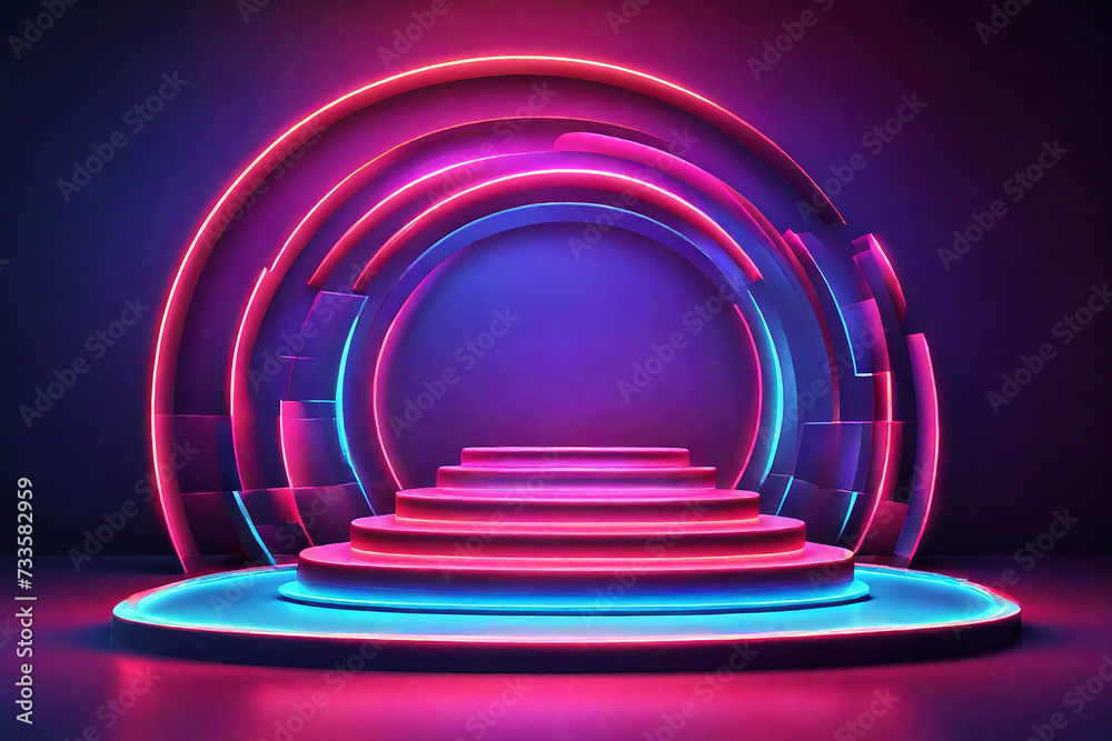 Obraz premium Stage podium with lighting, Stage Podium Scene with for Award Ceremony illuminated with neon light. Vector illustration