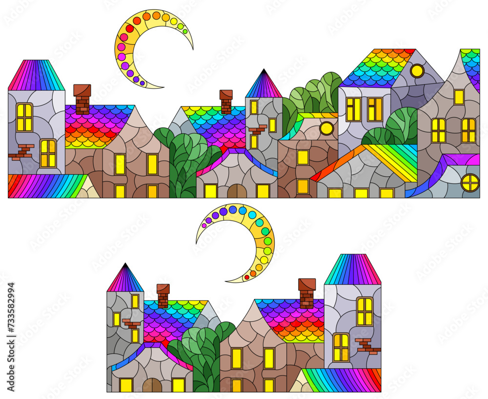 A set illustrations in the style of stained glass with urban landscapes, dark contours on a white background