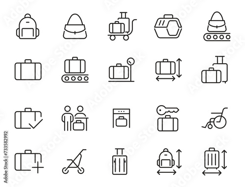 Set of Baggage Related Vector Line Icons. 
Contains such Icons as Bag Size, Baby Carriage, Special None Format Baggage and more. Editable Stroke. photo