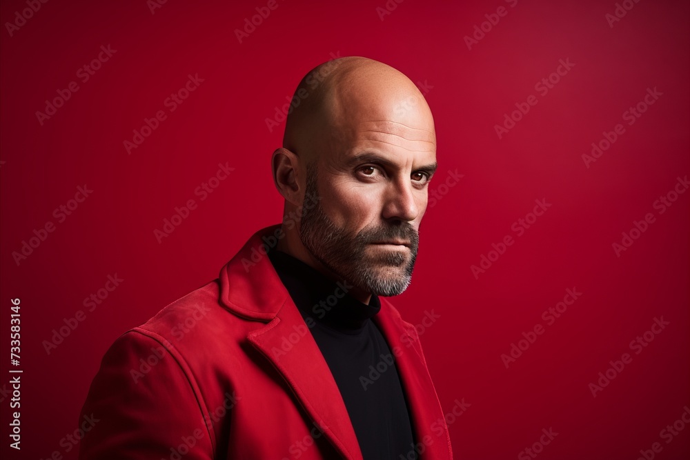 Portrait of a bald man in a red jacket on a red background.