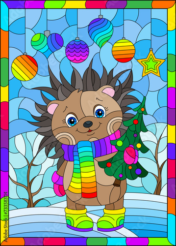 An illustration in the style of a stained glass window with a cartoon hedgehog on the background of a winter landscape