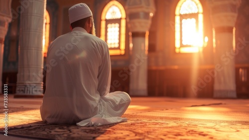 Muslim man waiting for prayer at the mosque, Muslim man sitting at the mosque for prayer, Friday Jummah Prayer, Ramadan daily prayer photo