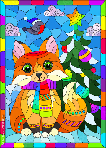 An illustration in the style of a stained glass window with a cartoon fox on the background of a winter landscape