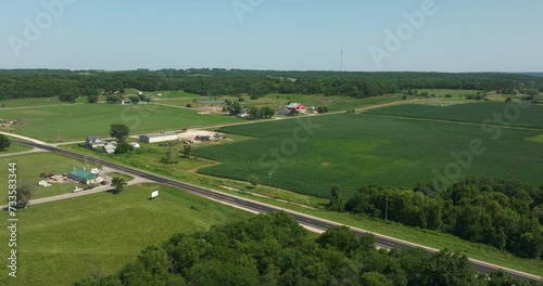 Flying over crop fields lakes farmland midwest kansas