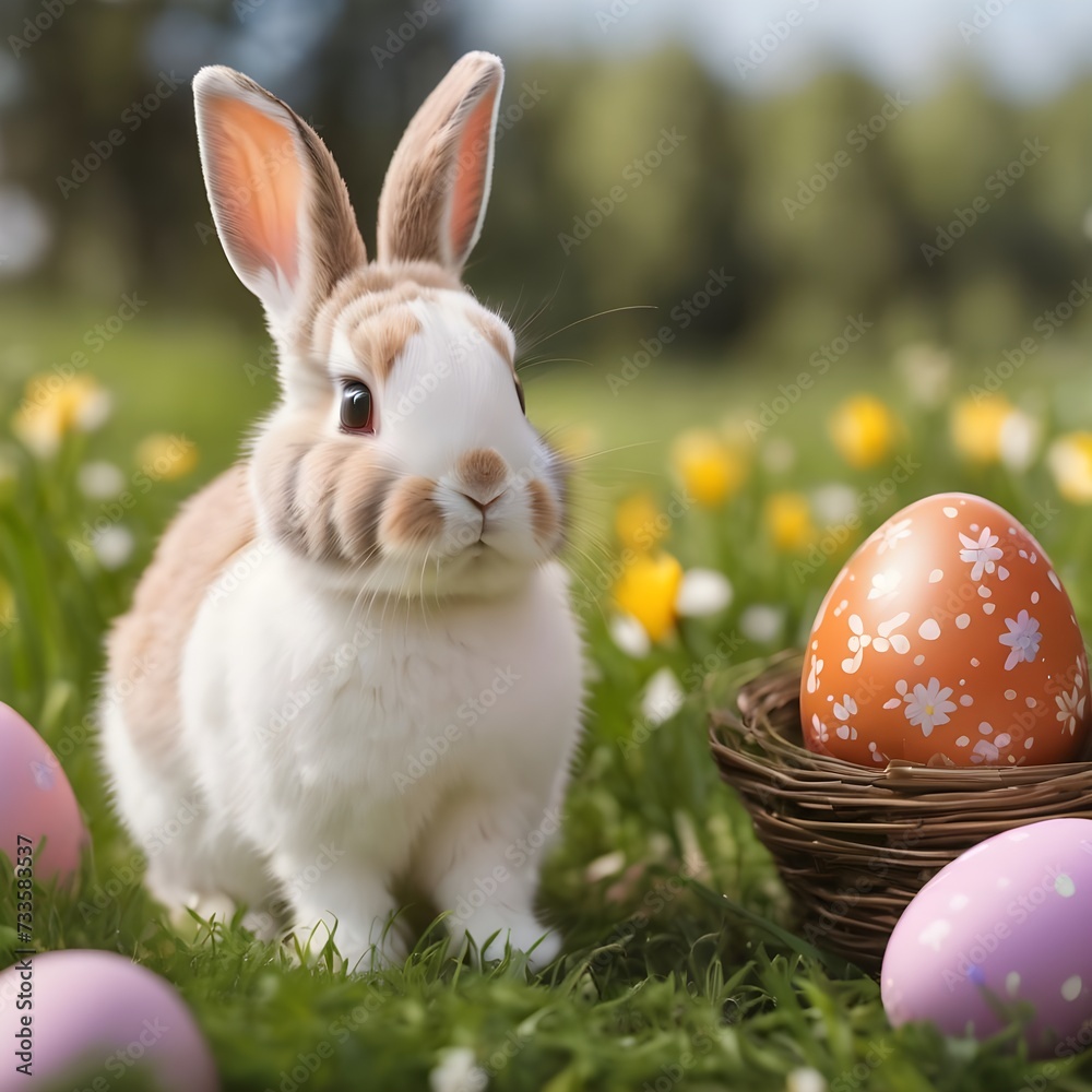 Fototapeta premium Little Bunny and easter eggs on meadow,Funny decoration,Happy Easter. 