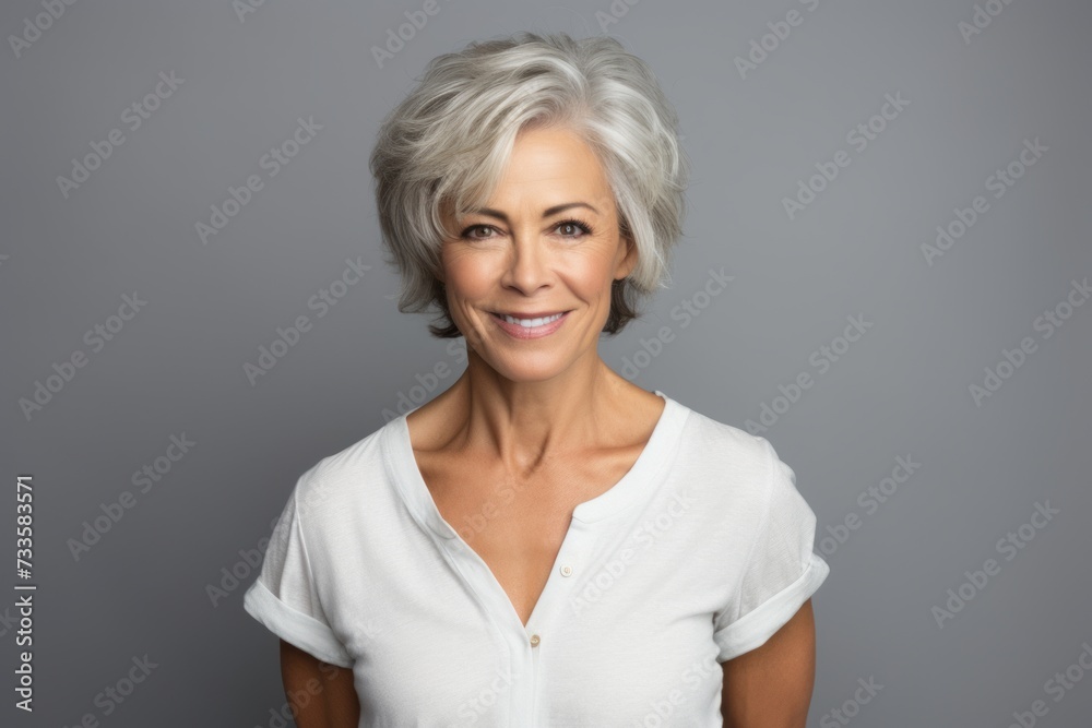 Portrait of smiling senior woman with grey hair in white shirt.