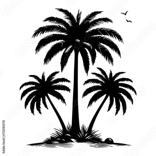 Palm or coconut Tropical tree silhouette  hand drawing black line doodle sketch style vector illustration