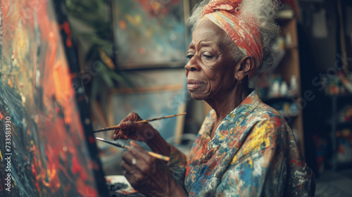 hospice patient of diverse background engaging in art therapy, expressing emotions and experiences through painting, facilitated by a therapist.