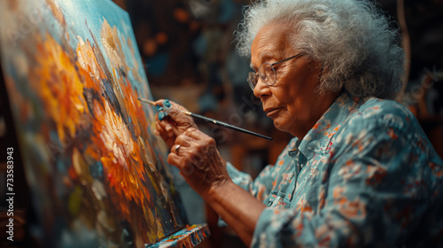 hospice patient of diverse background engaging in art therapy, expressing emotions and experiences through painting, facilitated by a therapist.