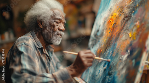 hospice patient of diverse background engaging in art therapy, expressing emotions and experiences through painting, facilitated by a therapist.