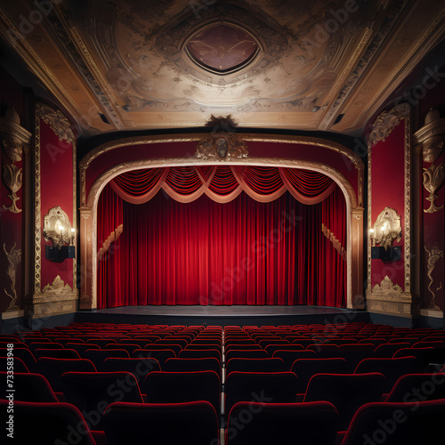 A classic movie theater with a red velvet curtain.