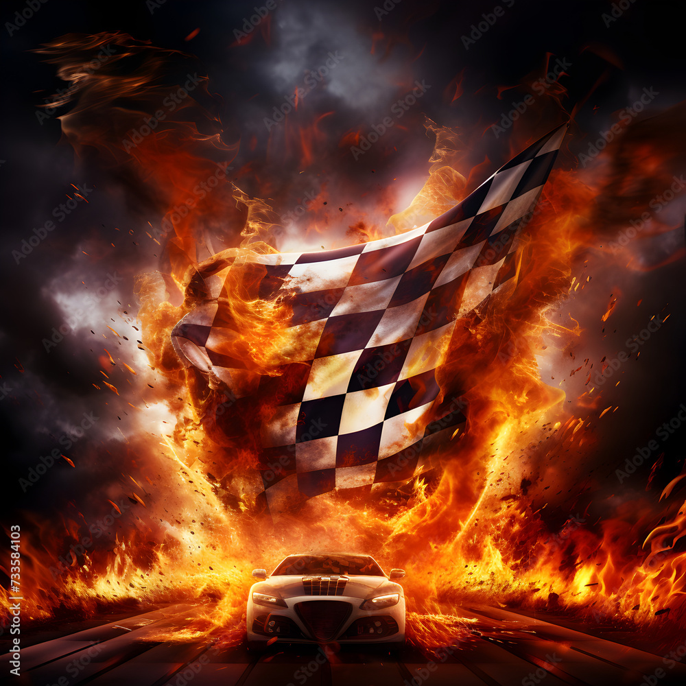 Flaming checkered flag over a race car on a racetrack Stock Photo ...