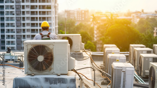 An HVAC technician with safety gear checks commercial air conditioning units on a rooftop with a city skyline in the background. photo