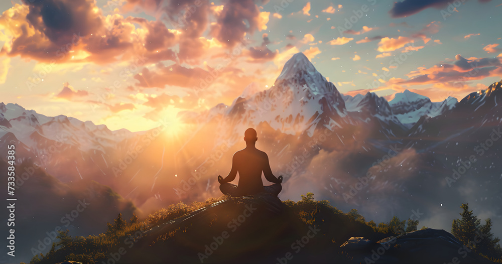 A serene silhouette of a person meditating in a lotus position on top of a mountain, with the sunrise amidst the surrounding peaks. - obrazy, fototapety, plakaty 