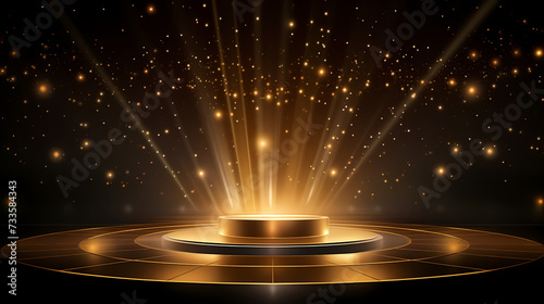 Luxurious and futuristic golden empty stage, golden particles background in stage shape