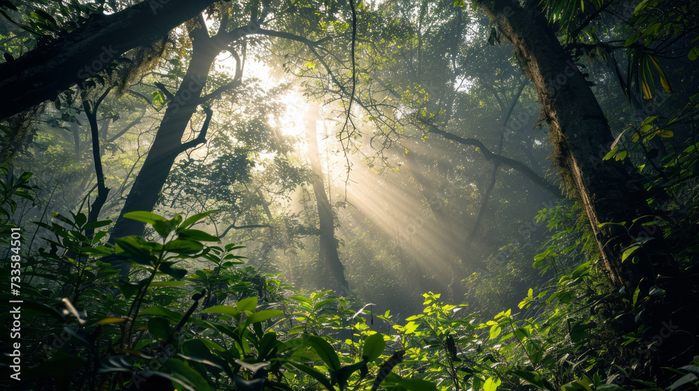 A tranquil forest scene with sunbeams piercing through the green canopy, illuminating the mist and lush undergrowth below.