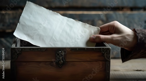 showing an individual’s hand hovering over an empty page resting within an aged, wooden container