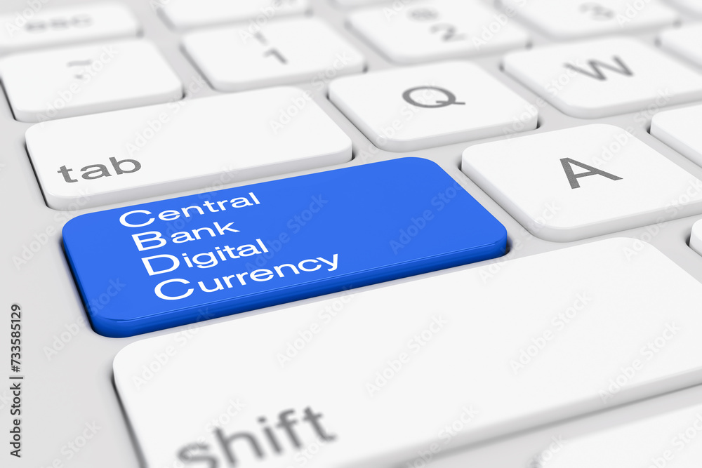 3d render of a white keyboard with blue CBDC - central bank digital currency button - business concept. 3d render of a white keyboard with blue CBDC - central bank digital currency button - business concept.