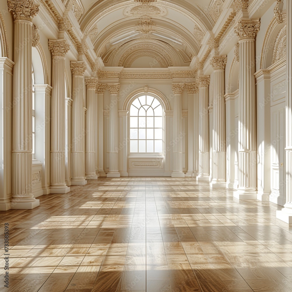 a grand and stately interior room, complete with tall columns and a large window. The room is spacious and well-lit, with a symmetrical layout that exudes a sense of balance and harmony.