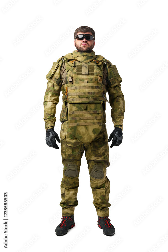 Full length portrait of man soldier wearing ammunition on white background Full length portrait of man soldier wearing ammunition on white background