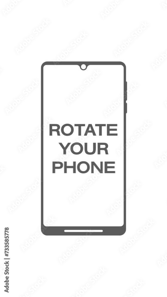 Vertical video animation with the message rotate your phone in gray on a white background.