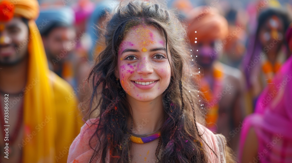 Smiling Young Woman Celebrating Holi Festival With Colorful Powder on Her Face in India