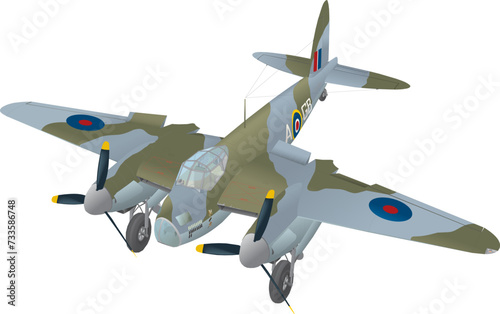 De Havilland Mosquito British WWII twin-engined bomber plane in camouflage paint scheme