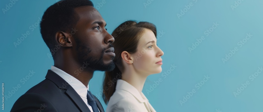 Portrait of a black businessman and a white businesswoman, symbolizing partnership and equality Portrait of a black businessman and a white businesswoman, symbolizing partnership and equality