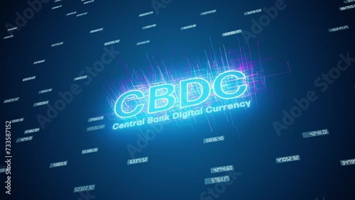 Video animation of the keyword CBDC - central bank digital currency in blue on a dark abstract background - business concept. photo