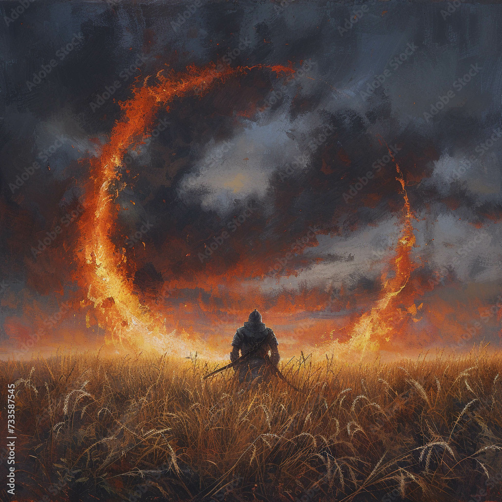 Fototapeta premium Fire encircles a lone wheat stalk watched over by the knight king