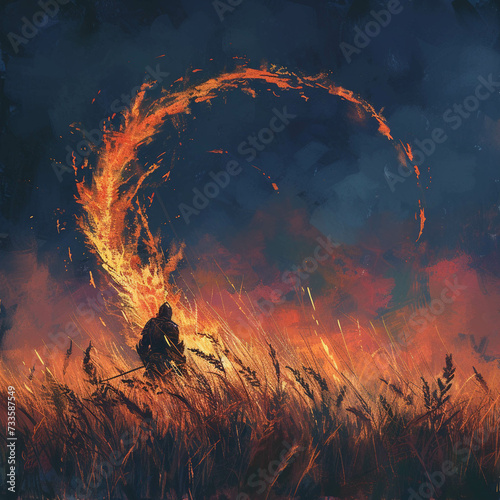 Fire encircles a lone wheat stalk watched over by the knight king