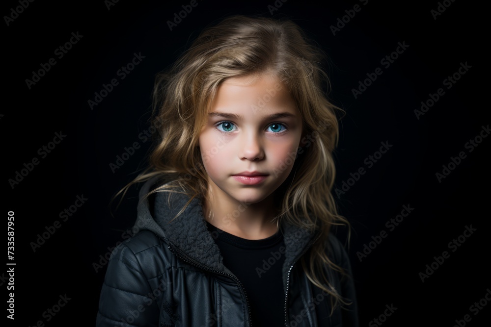 Portrait of a cute little girl in a black jacket on a black background.