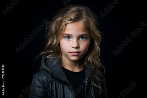 Portrait of a cute little girl in a black jacket on a black background.