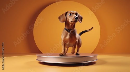 A dachshund dog standing on a circle podium.  photo