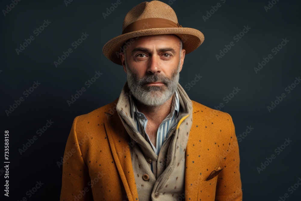 Portrait of a stylish senior man in a hat and coat. Portrait of a stylish senior man in a hat and coat.