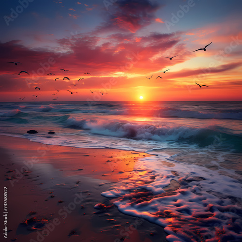 A serene beach sunset with vibrant colors. © Cao