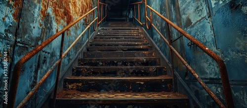 Steampunk-style stairs with rusty textures in industrial interior