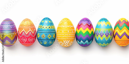 Collection of brightly decorated easter eggs on white background