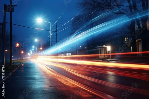 Abstract long exposure dynamic speed light in rural city road,  Cars on night highway with colorful light trails, Ai generated © Tanu