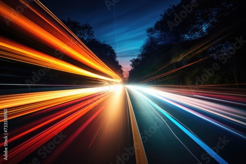 Abstract long exposure dynamic speed light in rural city road, Cars on night highway with colorful light trails, Ai generated