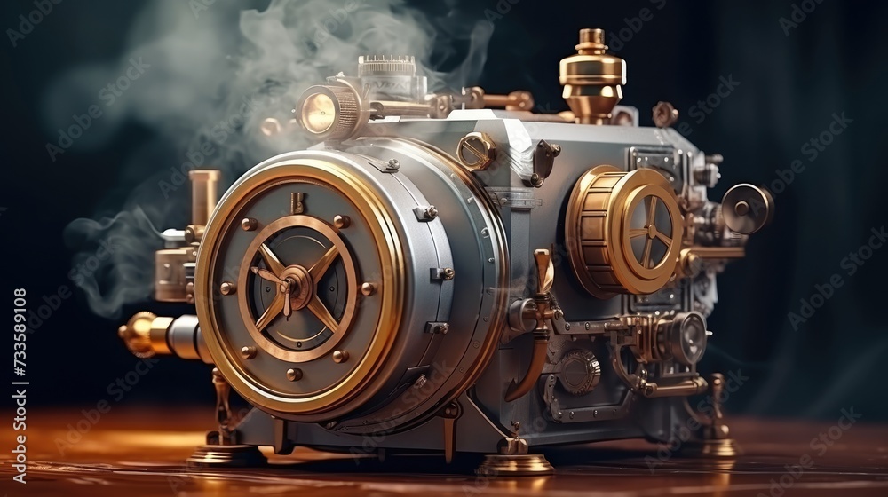A steampunk machine. It appears to be a complex device with many gears, pipes, and valves. 