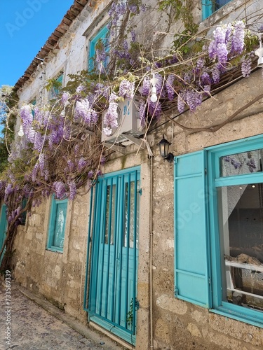 Street with flowers and bright houses. Turkish, Izmir, Alacati, Cesme. May 2023 photo